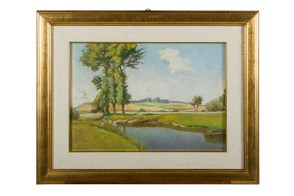 Paesaggio di campagna con laghetto