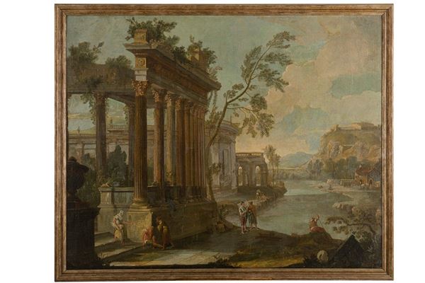ambito di Ascanio Luciani - River landscape with architectural whim