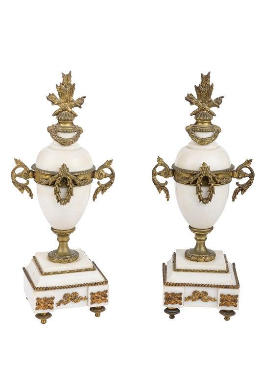 Pair of bronze and white marble vases