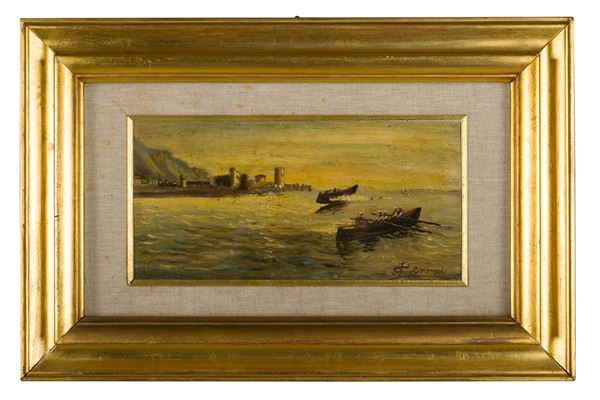 Paesaggio marino con vogatori