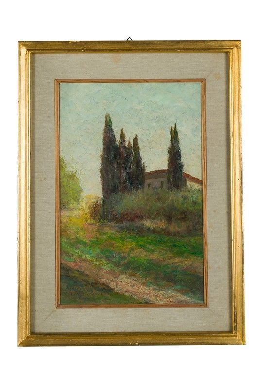 Ghino Maffi - Paesaggio con casa e cipressi