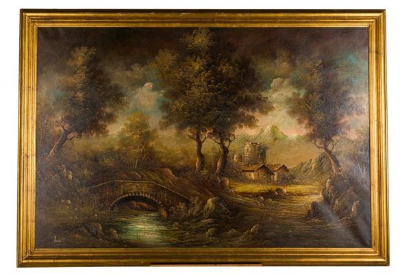 Paesaggio con fiume e case