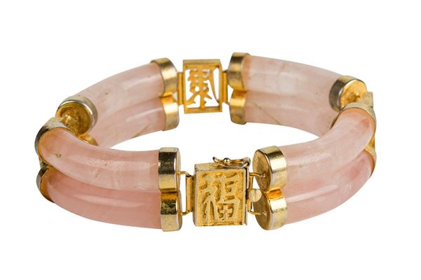 Bracciale in quarzo rosa e metallo