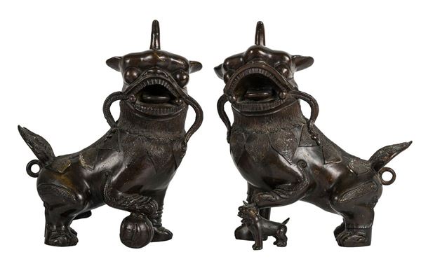 Pair of bronze Fo dogs