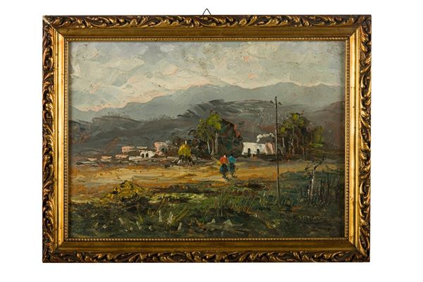 View of landscape with figures and white cottage