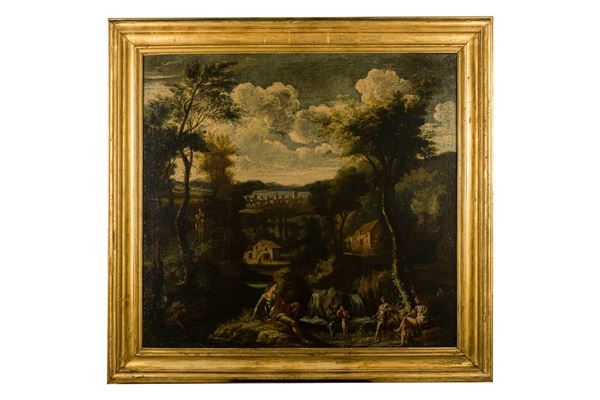 Vittorio Amedeo Cignaroli, maniera di - Arcadian river landscape with a stream, small waterfall and shepherds