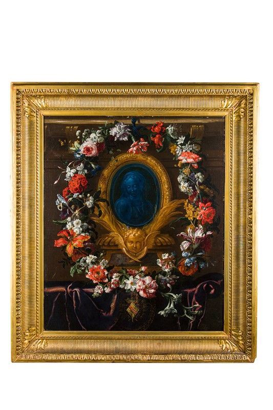 Daniel Seghers (Anversa 1590-1661) e Erasmus Quellinus II (Anversa 1607-1678), maniera di - Altarino con immagine della Vergine circondato da ghirlanda di fiori