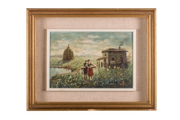 Countryside scene with cottage and peasant women
