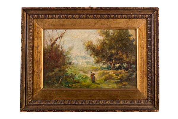 Scorcio di bosco con sentiero e figura