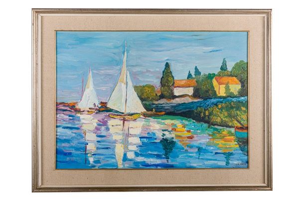 Paesaggio con barche e casolari