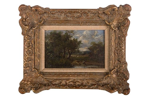 Paesaggio boschivo con animali e figure
