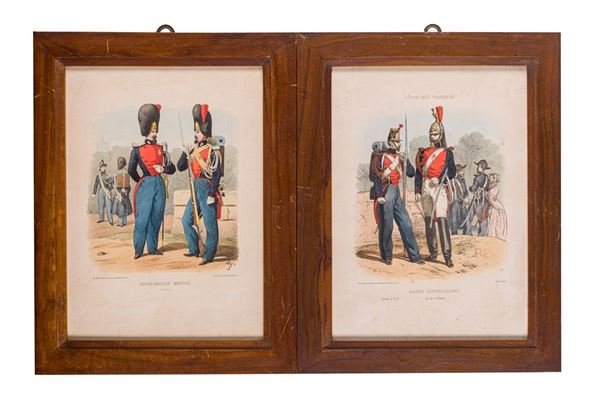 Pair of engravings depicting republican guard and mobile gendarmerie