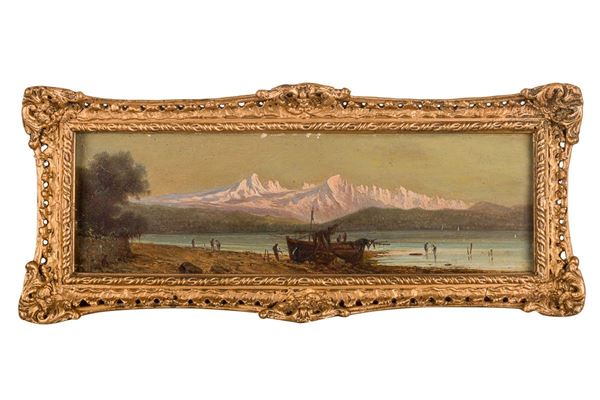 Eugenio Amus, cerchia di - Paesaggio lacustre con pescatori