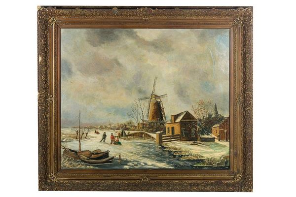 Charles Leickert (maniera di) - Paesaggio invernale con pattinatori