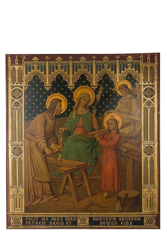 Sacra famiglia con Ges&#249; giovinetto al lavoro con San Giuseppe e Maria che fila