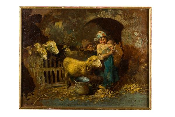 Little shepherds with flock in the stable