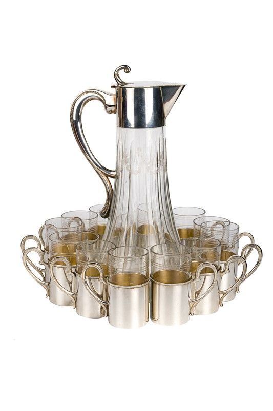 Caraffa con 12 bicchierini in argento 800 e vetro molato