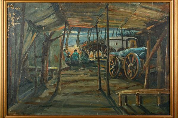 Camp with figures, carts and animals