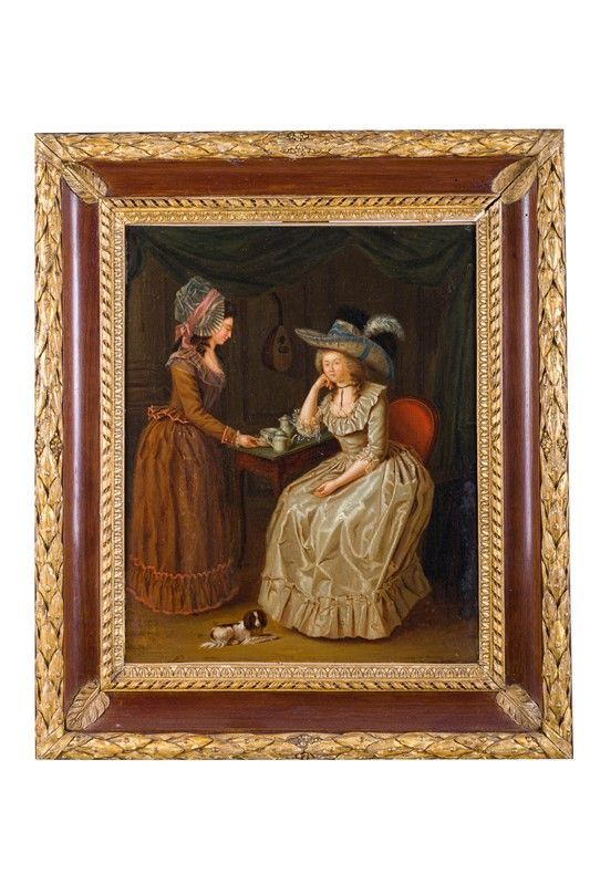 Jean Simon Fournier (attr. a) - Interior with two ladies and a little dog