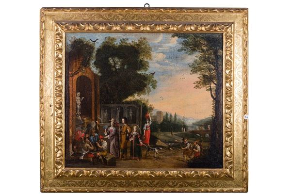 Adam Frans Van der Meulen (cerchia di) - Paesaggio con scena di genere