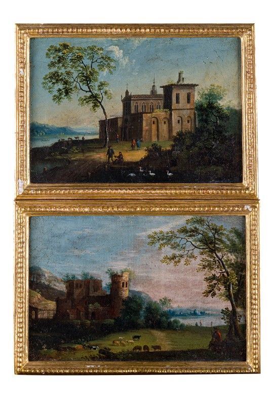 Jacob Van Lint (stile di) - Coppia di paesaggi con viandanti e architetture