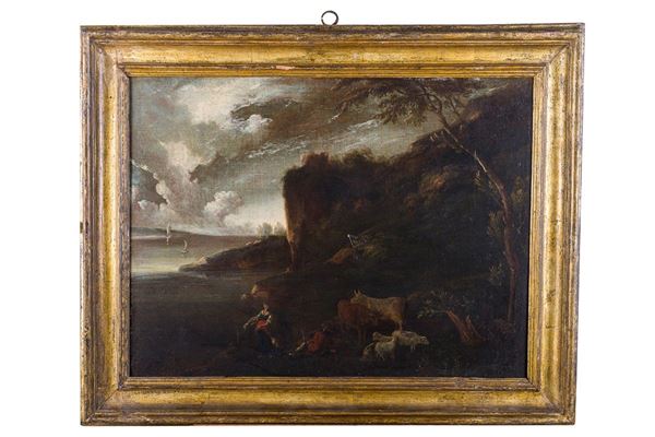 Antonio Maria Marini (cerchia di) - Paesaggio costiero con personaggi, armenti e cielo tempestoso