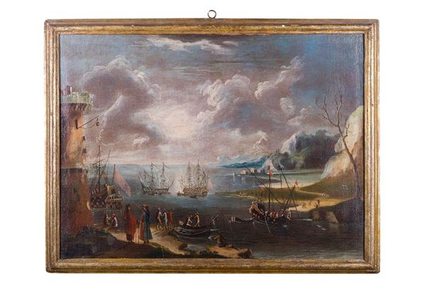Francesco Fidanza (attr. a) - Scena di porto con bastione e figure