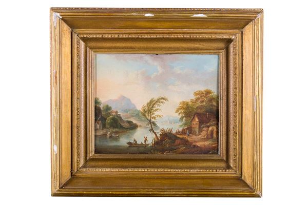 Christian Georg II Sch&#252;z (seguace di) - Paesaggio fluviale con figure