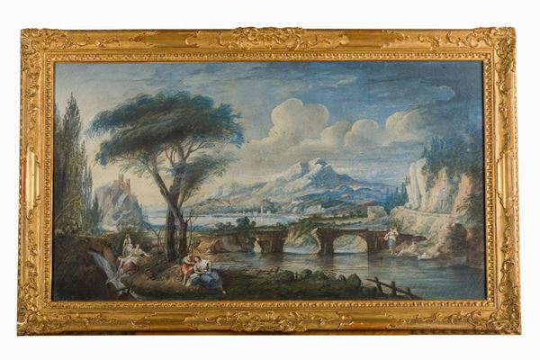 Giuseppe Roncelli (cerchia di) - River landscape with bathers