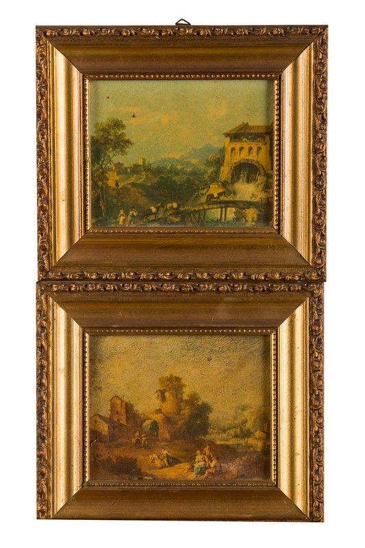 Coppia di paesaggi con scene di genere nello stile del Seicento