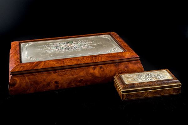 Lotto di due portagioie in legno e argento 925