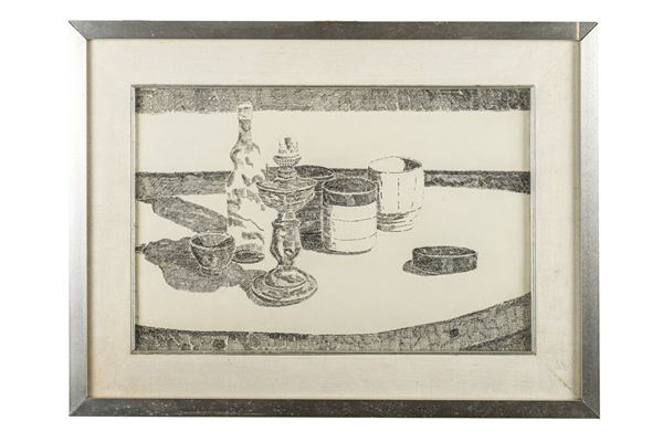Still life with bottles, glasses and ashtray