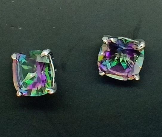 Pair of 925 rhodium silver earrings with natural mystical topazes