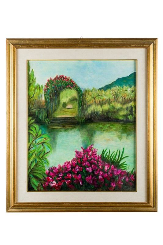 Pond with flowery garden