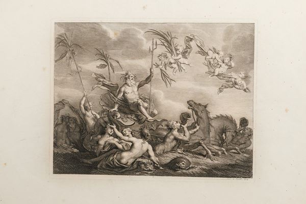 Coppia di incisioni raffiguranti scene di carattere mitologico