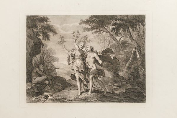 Coppia di incisioni raffiguranti scene di carattere mitologico
