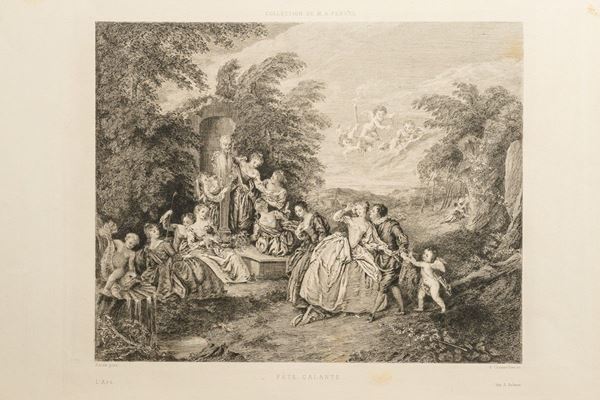 Pair of engravings depicting Neptune and Amimone and a gallant party