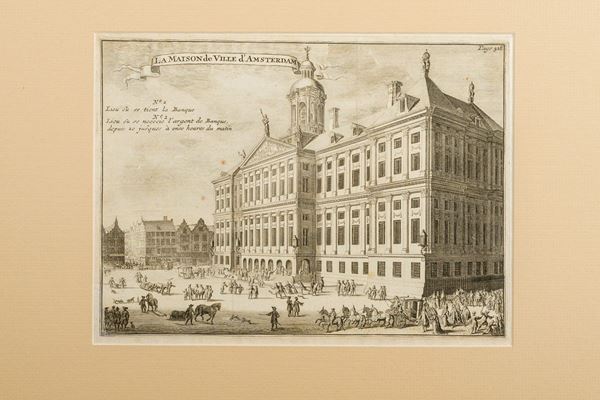 Three ancient engravings depicting glimpses of European squares