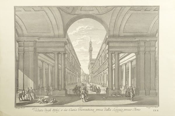 Antique print depicting the view of the Uffizi