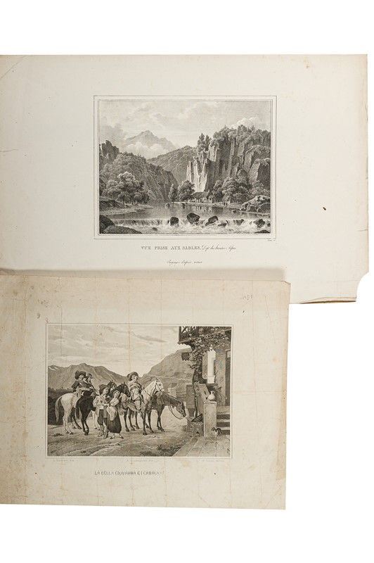 Coppia di stampe raffiguranti scene di carattere vario