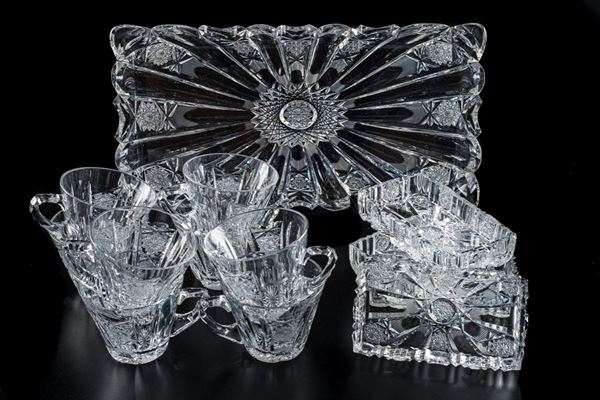 Eight Bohemian crystal cups and tray with four appetizer containers