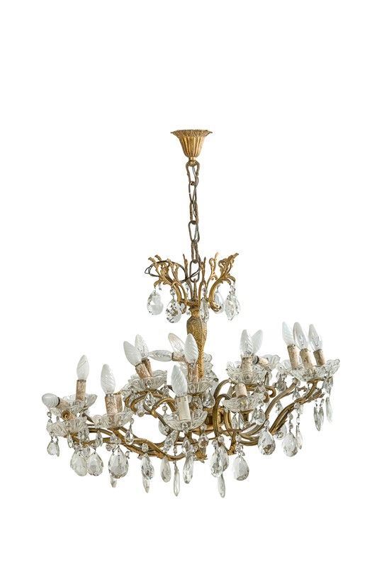 18 lights chandelier in gilded bronze and glass bowls