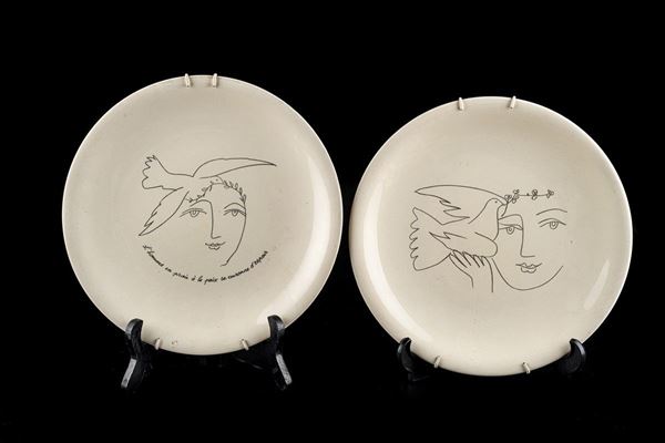 by Pablo Picasso, Pair of flat plates marked Salins France.