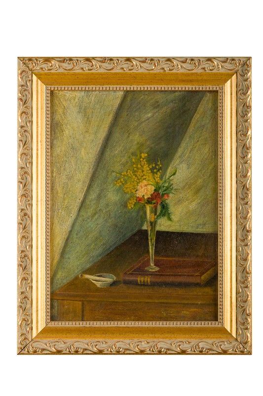 Still life with vase of flowers and book