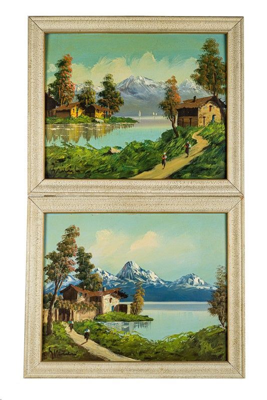 Coppia di paesaggi montani con baite