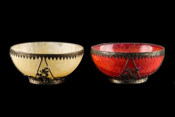 Pair of small alabaster and metal bowls