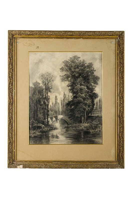 Scuola Francese - fine XIX secolo - River landscape with bridge
