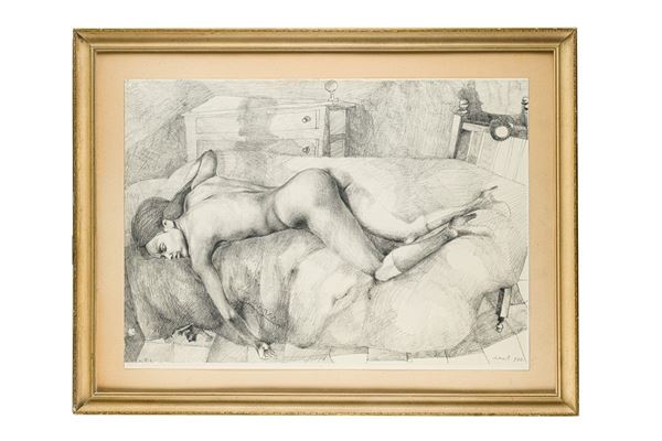 Ugo  Attardi - Interno con nudo di donna giacente
