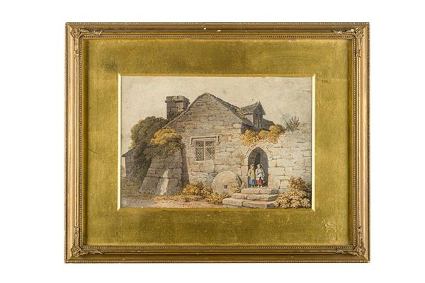 View of a country cottage with two children
