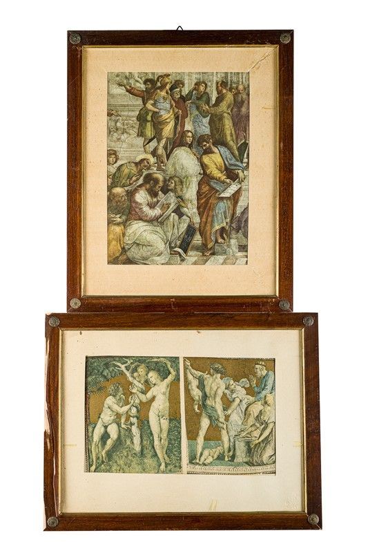 Coppia di stampe, &quot;La scuola di Atene&quot; e “Stanza della segnatura”, da Raffaello